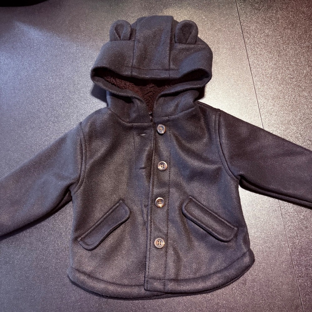 Old Navy toddler coat bear ears on hood lined pea‎ coat black size 12-18 months